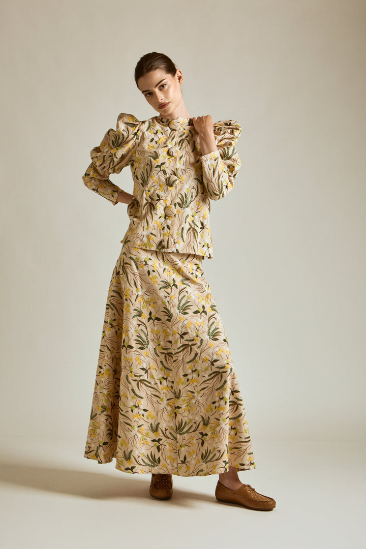 set outfit leaf embroidered puff sleeve blouse and skirt - nature