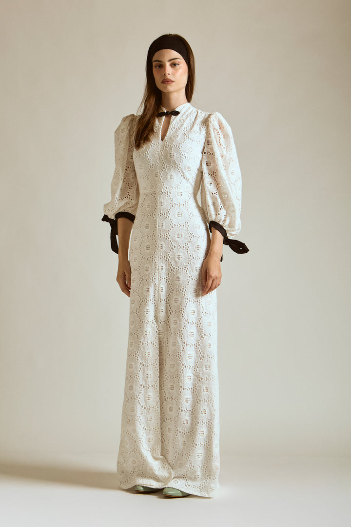dress eyelet with bow closure - white
