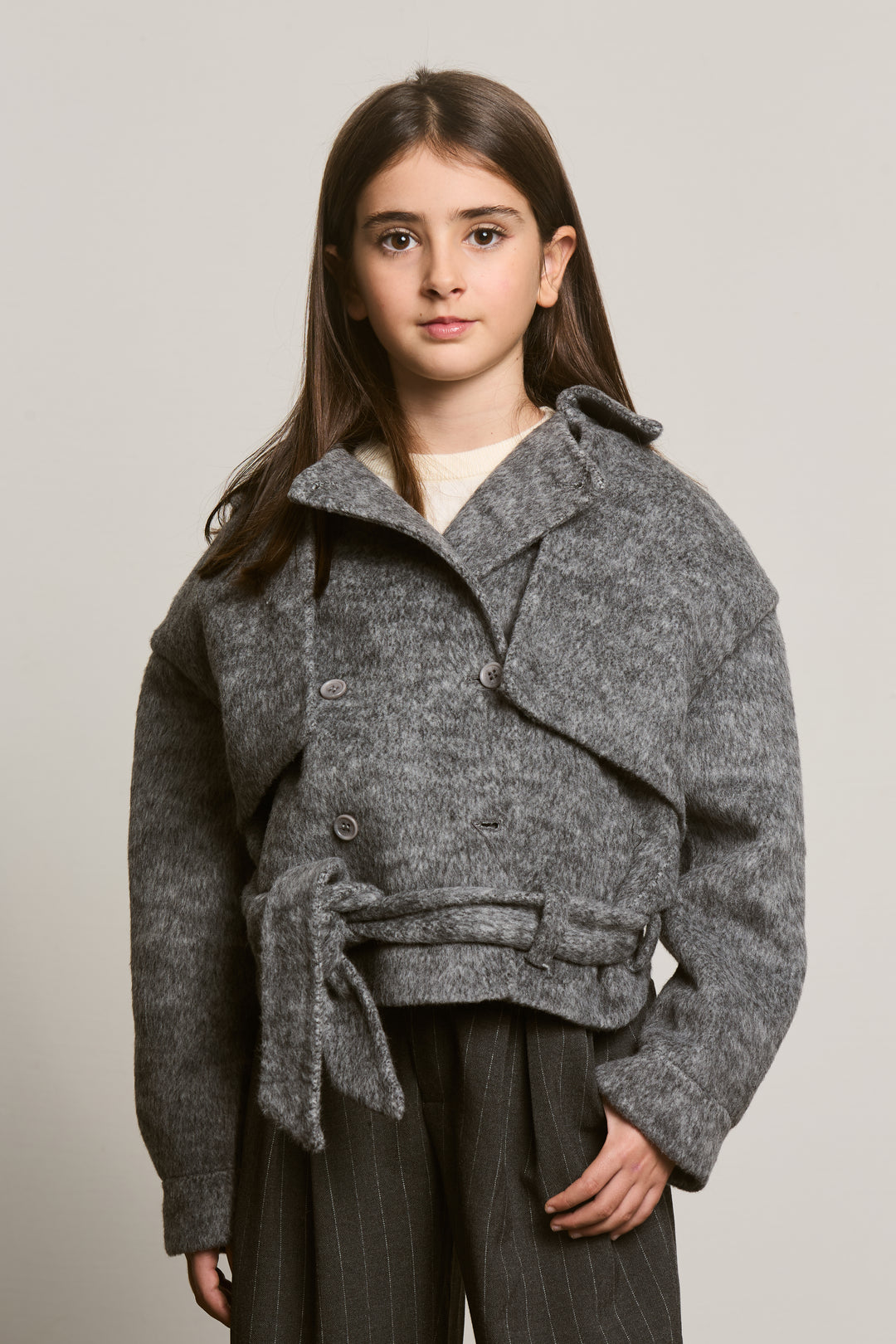 coat cropped wool double breasted trench style - grey