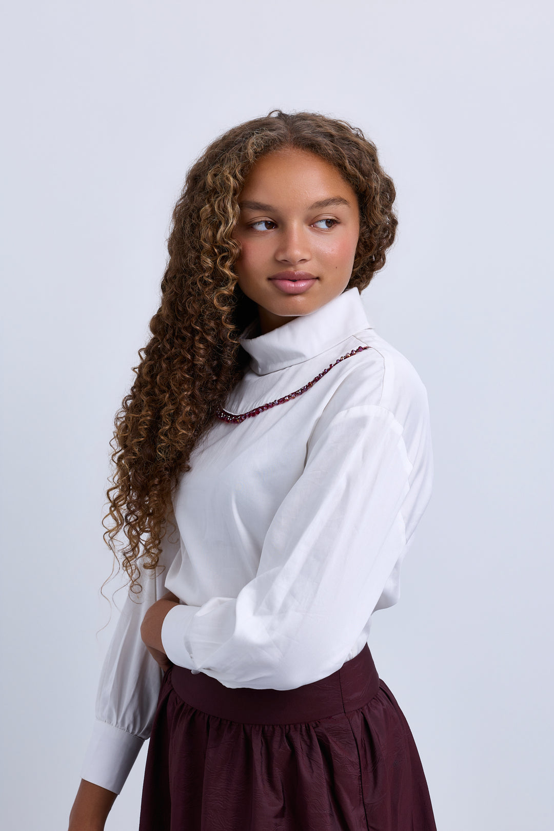 shirt l/s burgundy crystals - ivory/burgundy