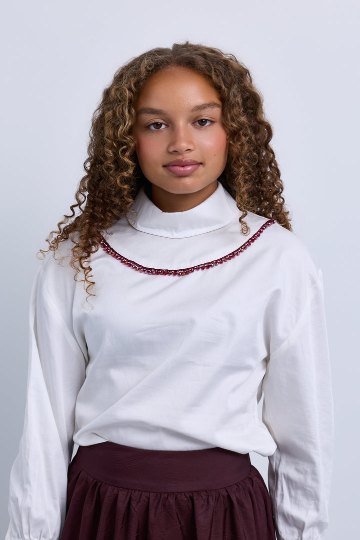 shirt l/s burgundy crystals - ivory/burgundy