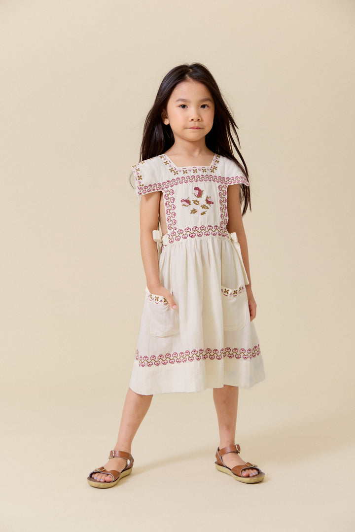 dress linen embroidered stitch apron jumper - antique white