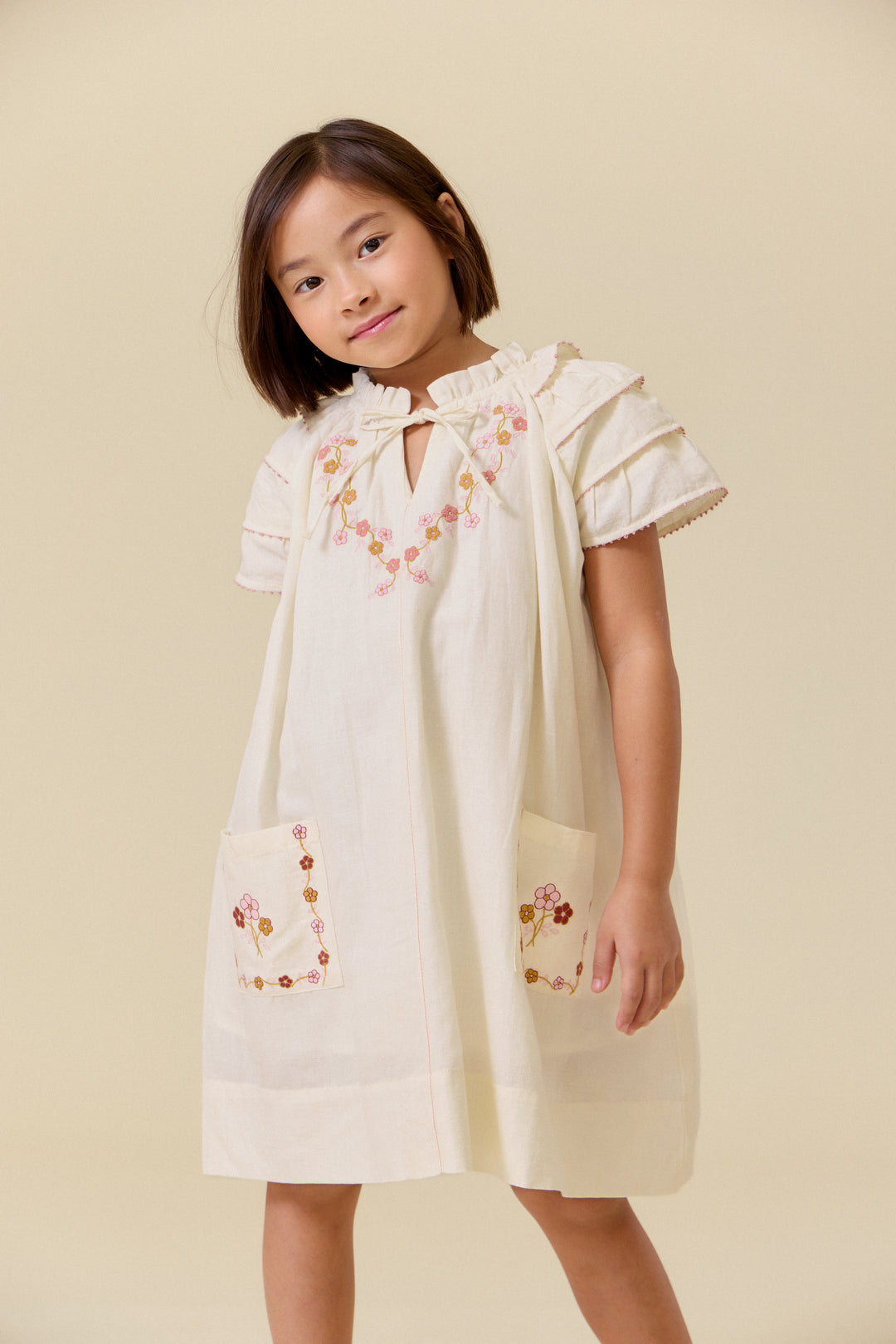 dress linen floral embroidered with ruffle detail - antique white