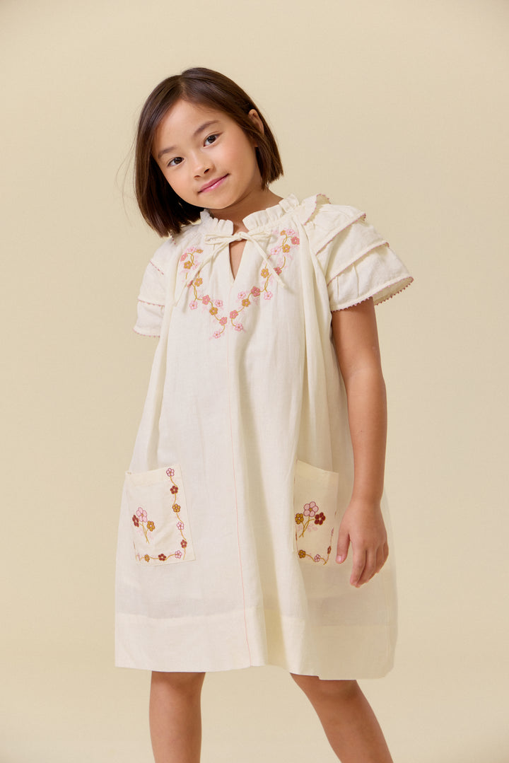 dress linen floral embroidered with ruffle detail - antique white