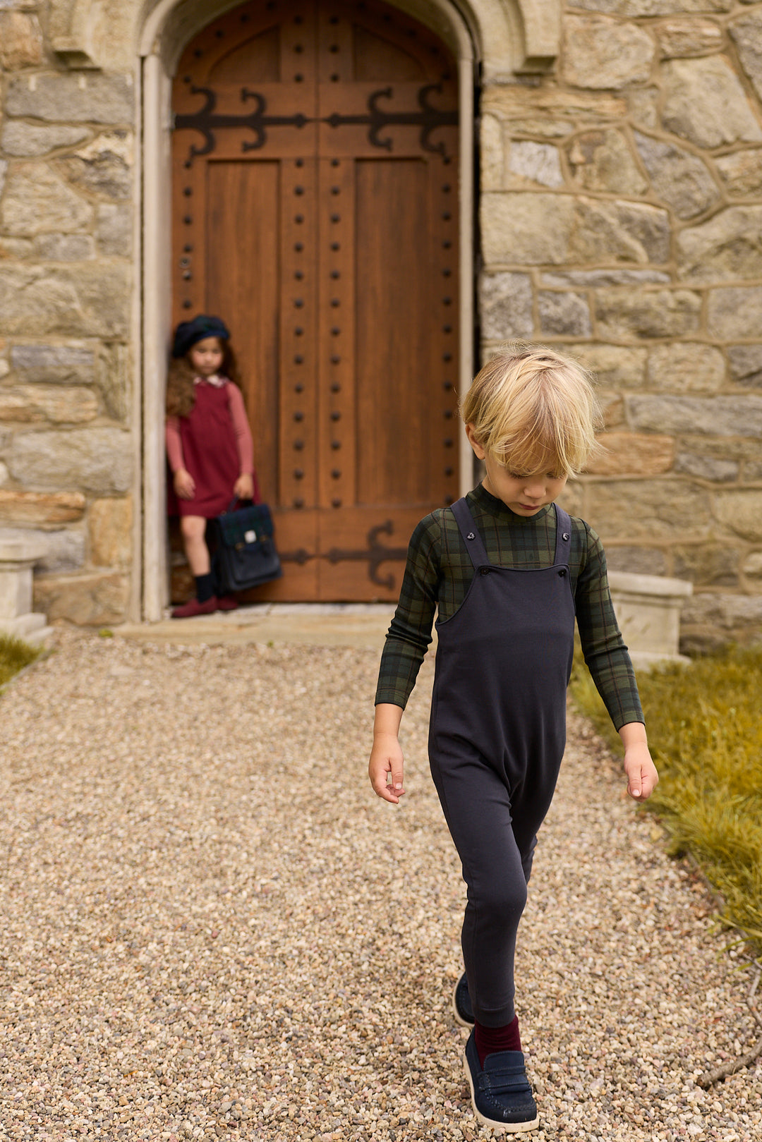 set outfit plaid mockneck onesie and long overalls - navy
