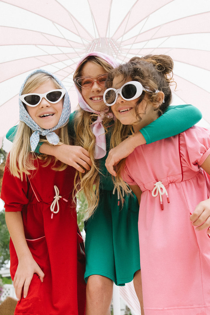 dress 3/4 sleeve boating crew drawstring waist - red