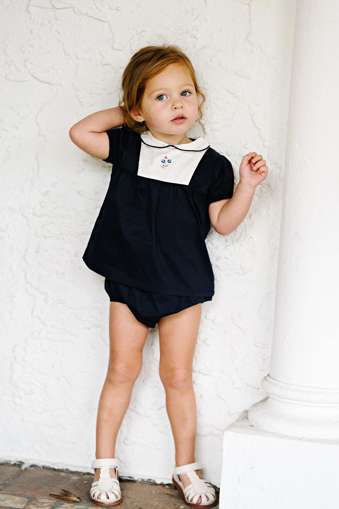set outfit embroidered bib shirt and bloomer - navy