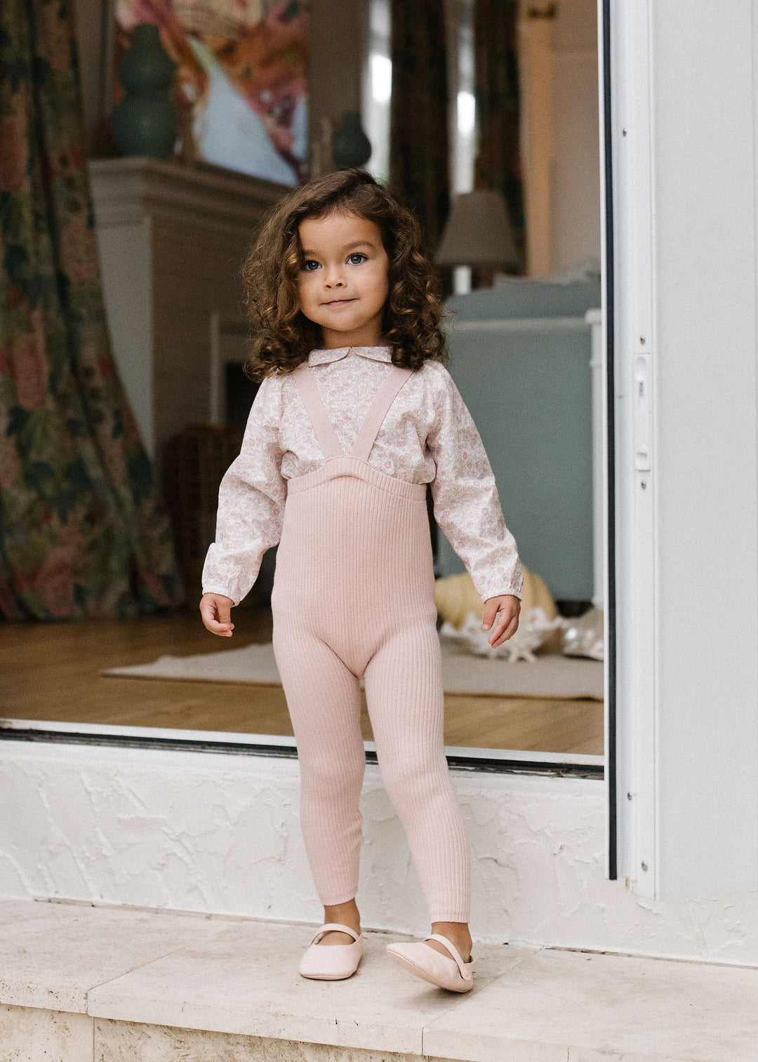 set outfit printed shirt and knit suspender leggings - bud pink blossom