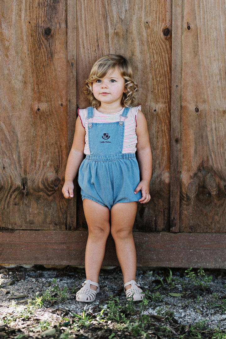 one piece denim city pocket romper - mid blue wash