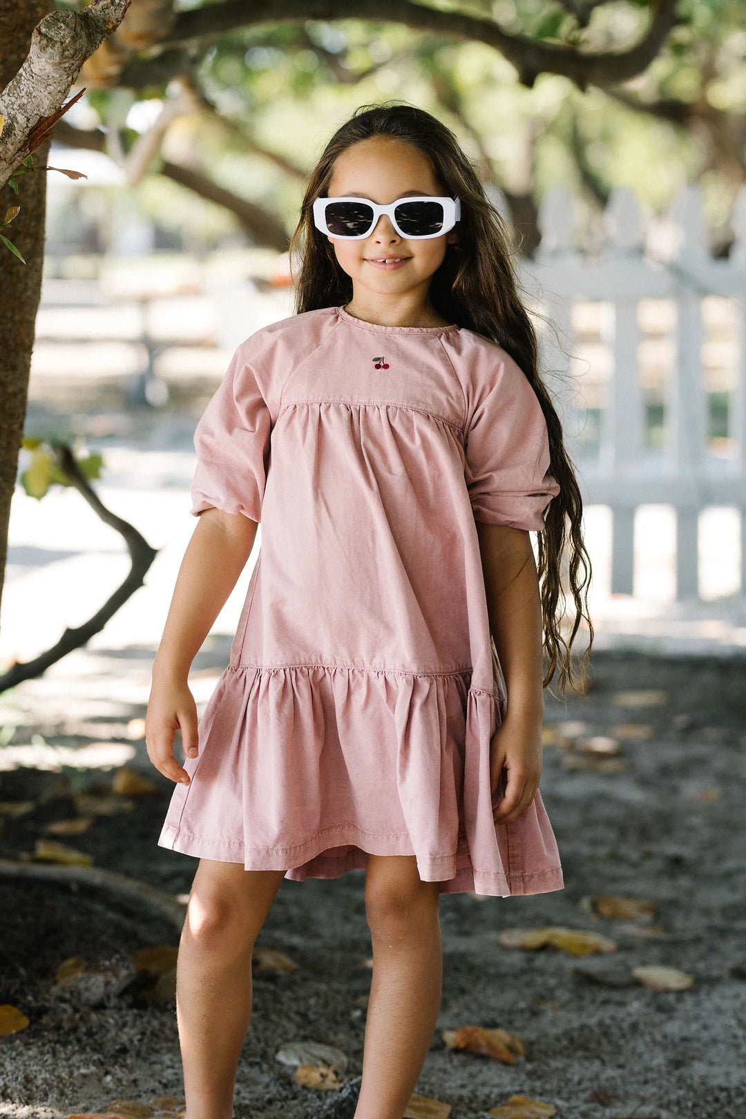 dress 3/4 sleeve denim capsule tiered with cherry - pink wash