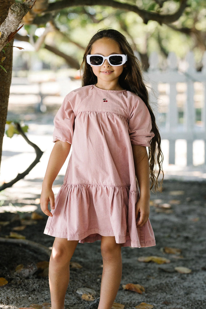 dress 3/4 sleeve denim capsule tiered with cherry - pink wash