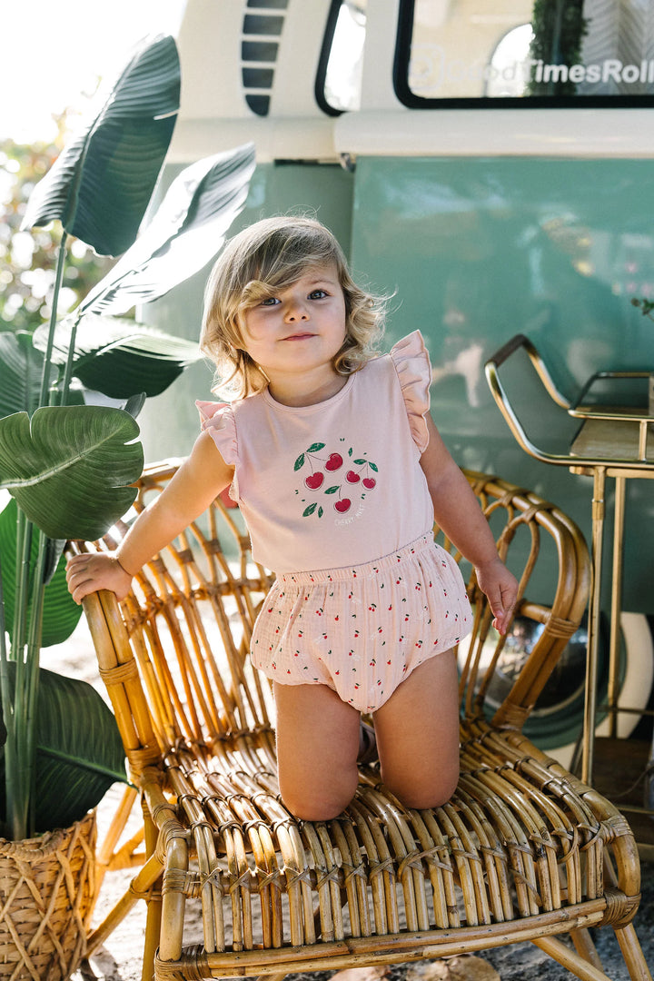 set outfit common folk cherry flutter tee and bloomers - pink