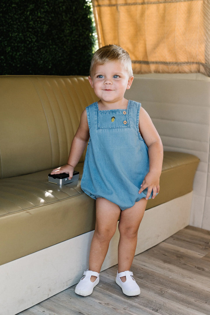 one piece denim capsule crossback overalls with lemon - blue tencel
