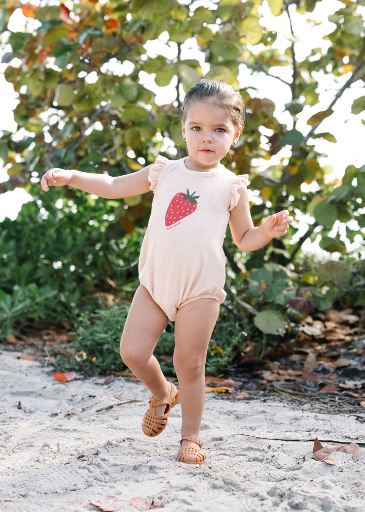 one piece strawberry flutter romper - berry