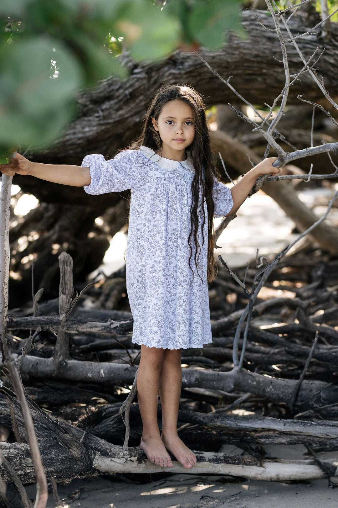 dress 3/4 sleeve mountain meadow with collar - clear blue floret