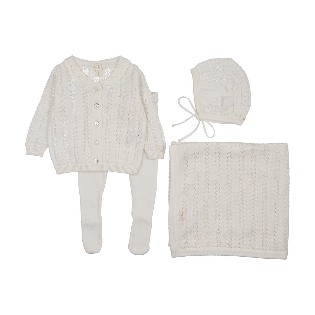 set knit crochet bris top and footie pants with bonnet and blanket - winter white