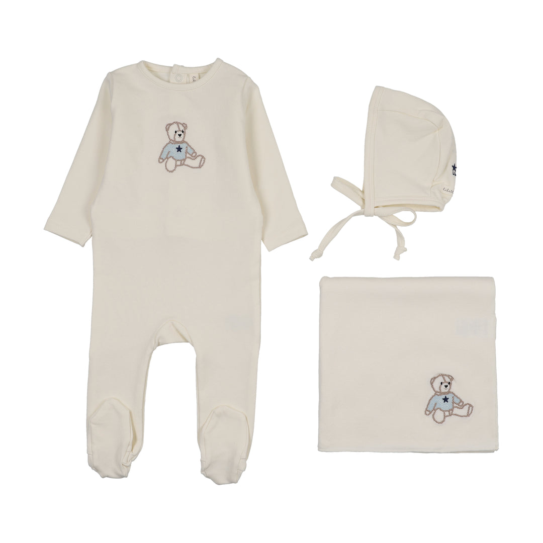 set footie sweet bear with bonnet and blanket - blue
