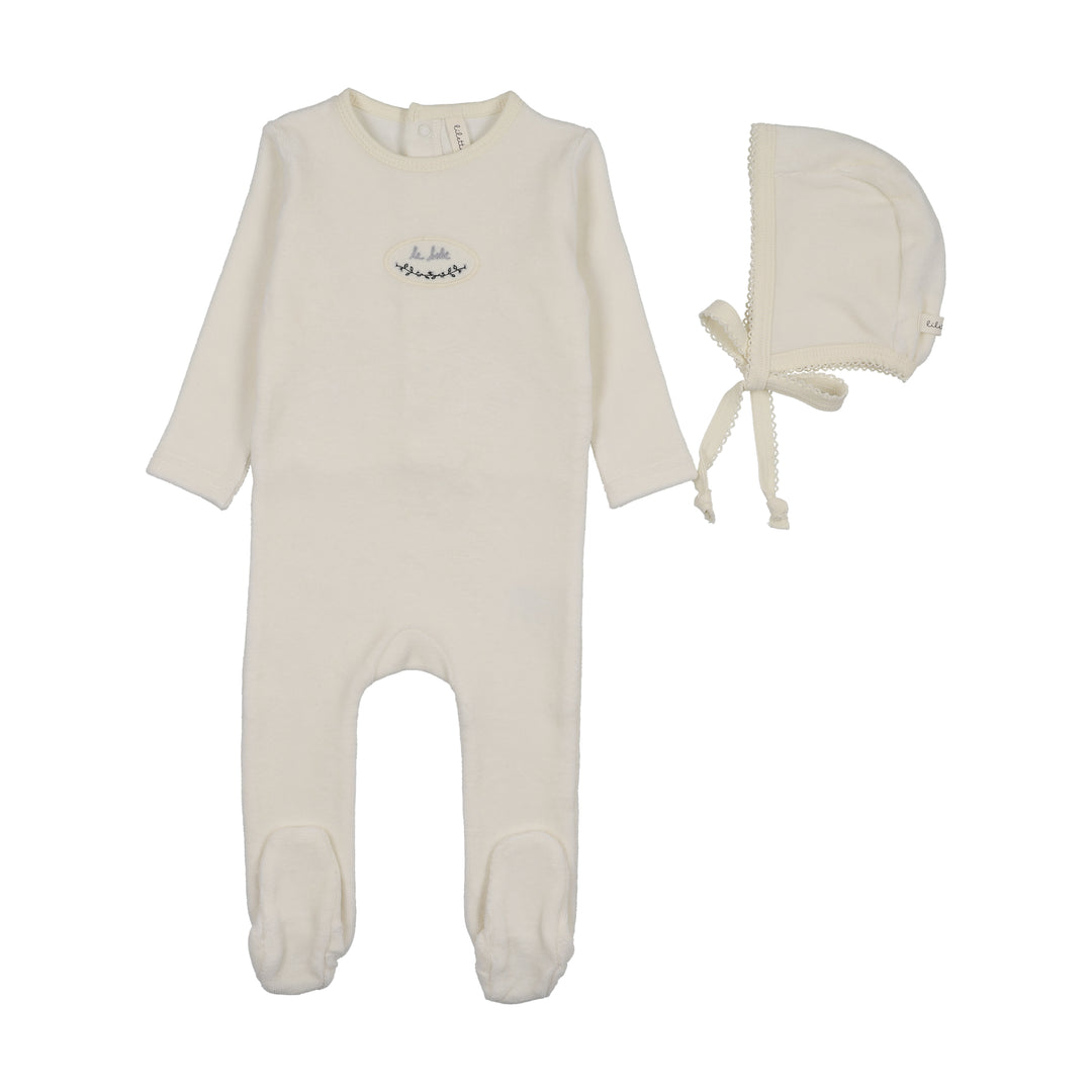 footie velour patch with bonnet - cream/blue