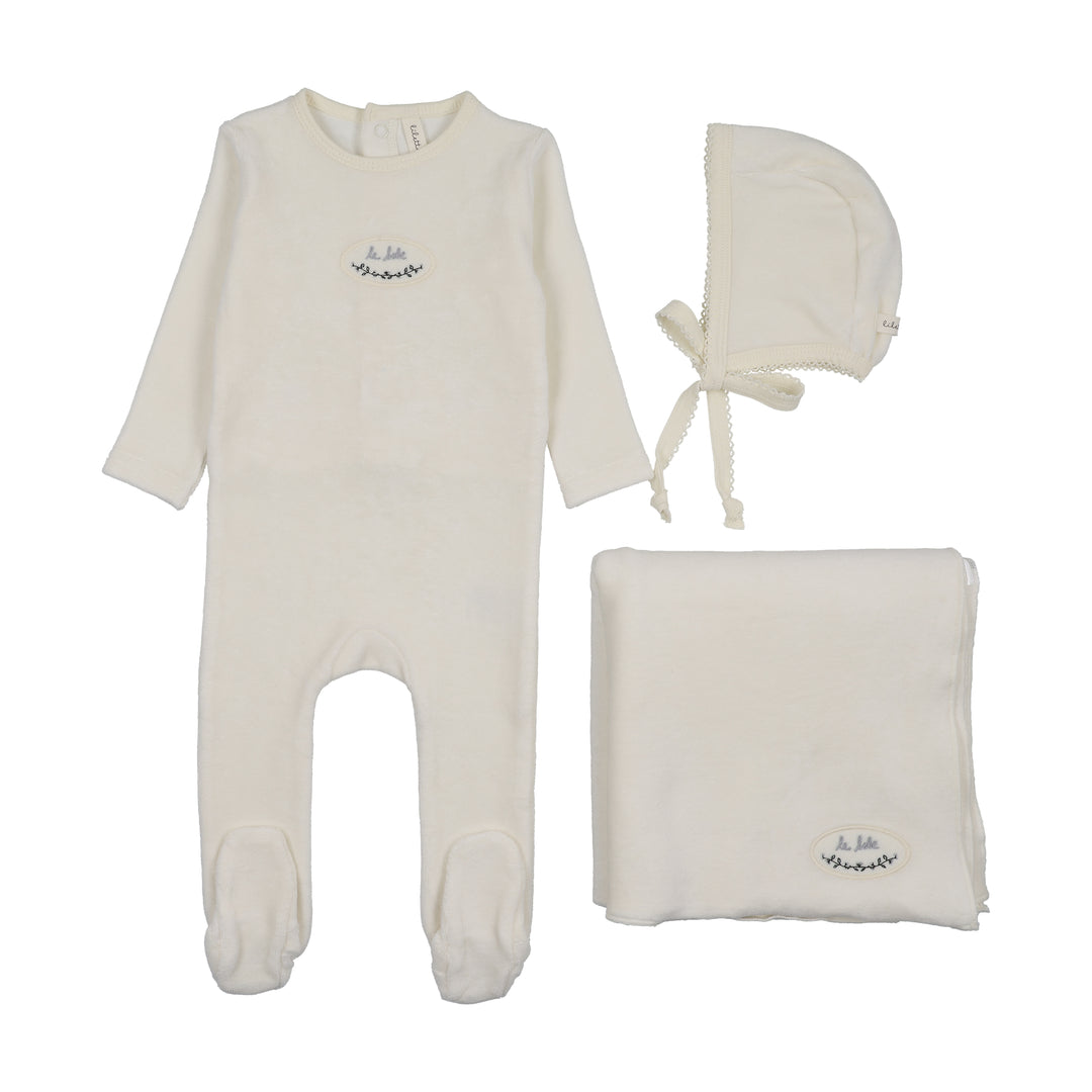 set footie velour patch with bonnet and blanket - cream/blue