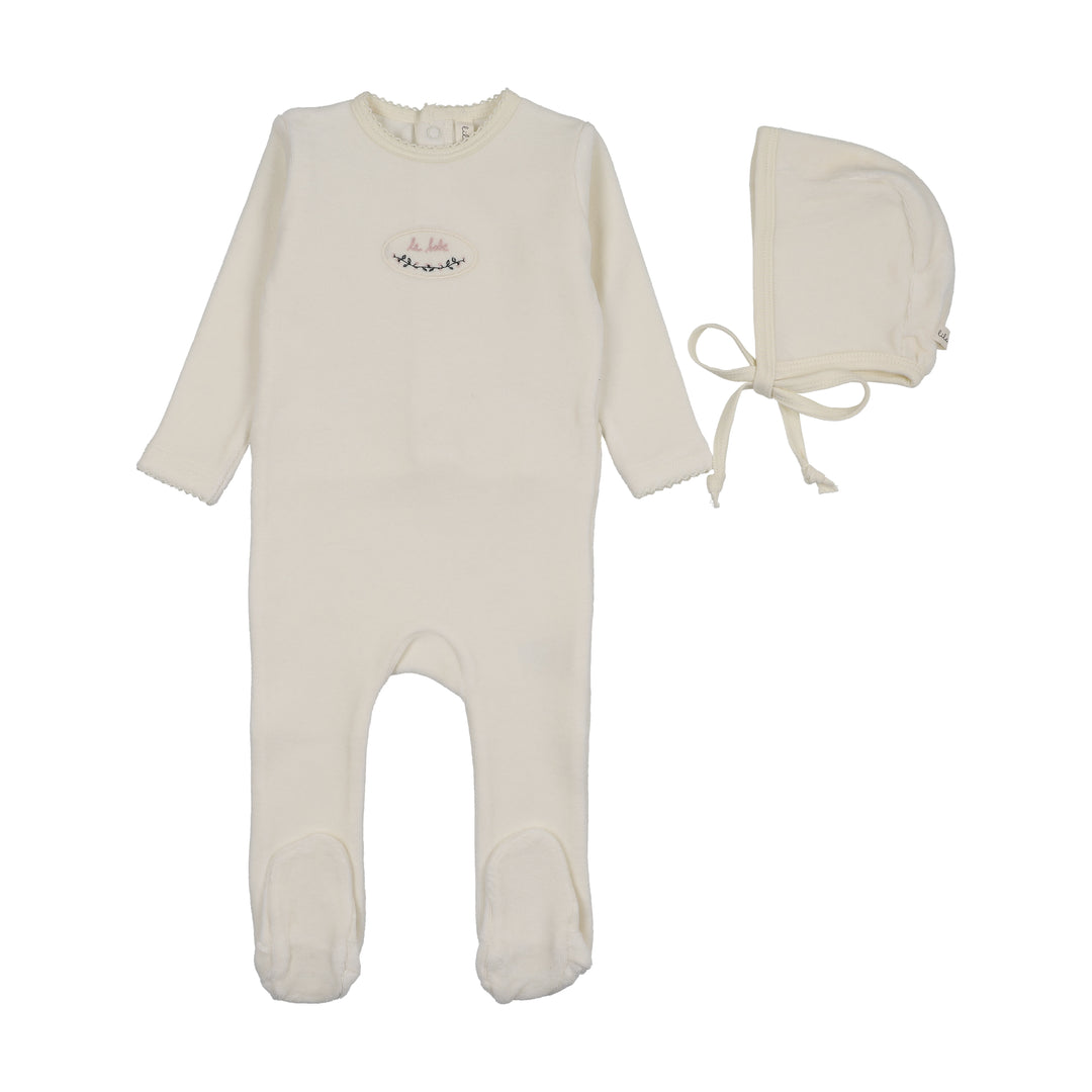 footie velour patch with bonnet - cream/pink