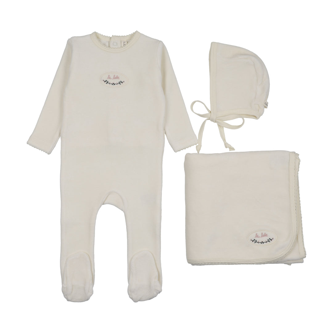 set footie velour patch with bonnet and blanket - cream/pink