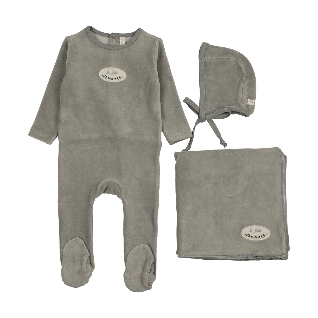 set footie velour patch with bonnet and blanket - light blue