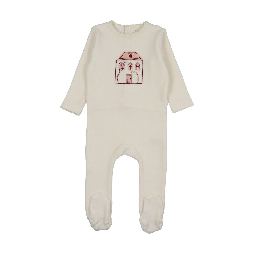 footie stitched graphic velour - cream/pink
