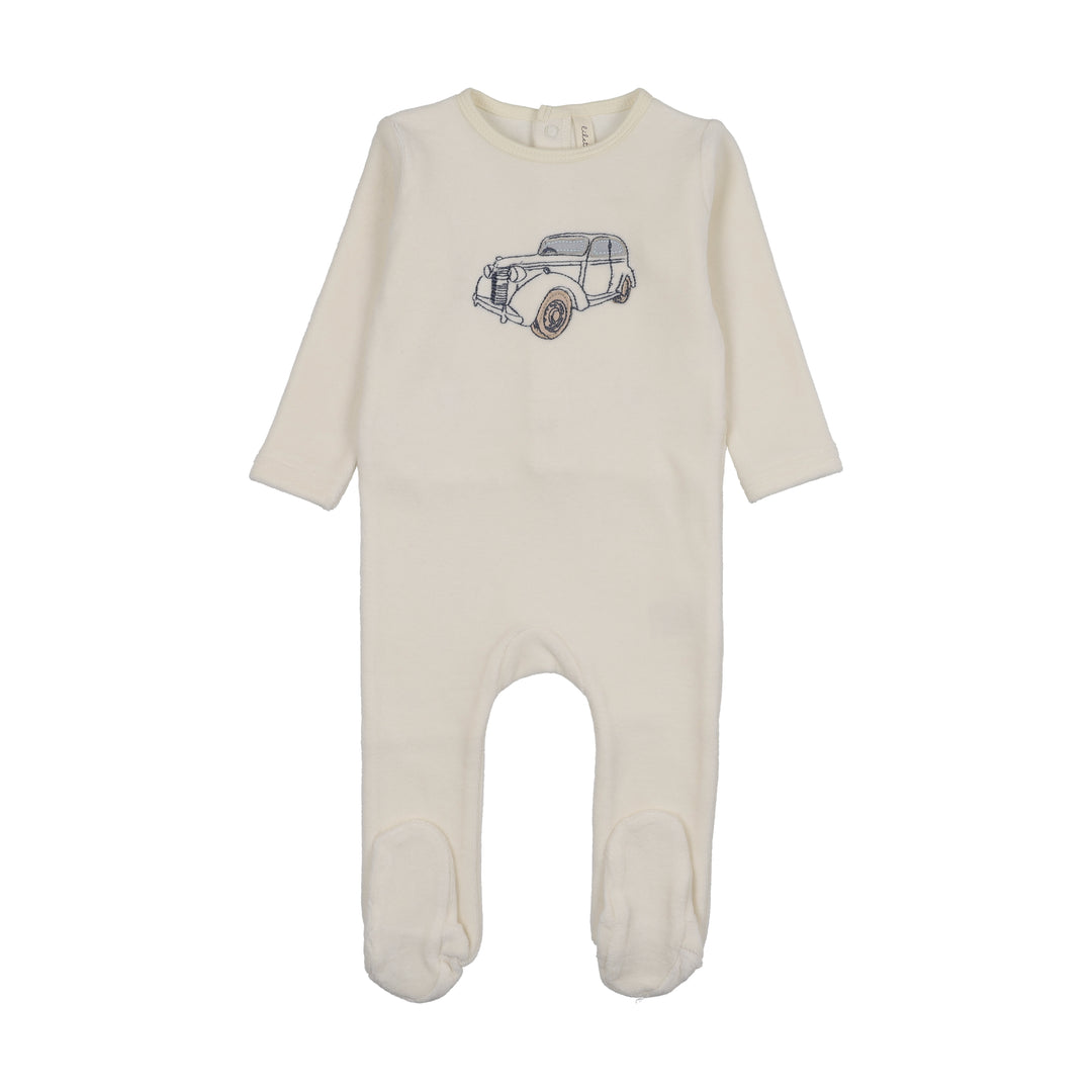 footie stitched graphic velour - cream/blue