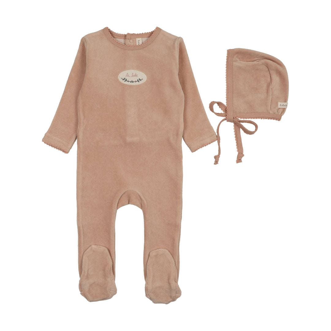 footie velour patch with bonnet - dusty pink