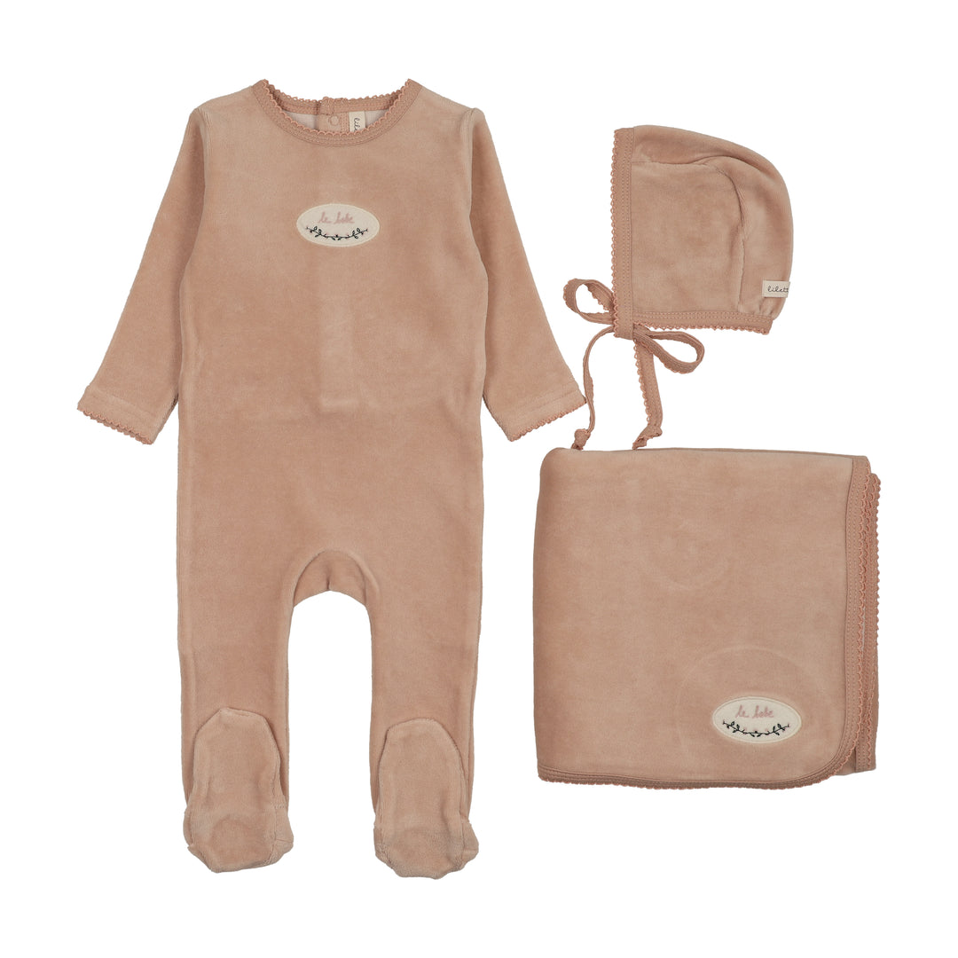 set footie velour patch with bonnet and blanket - dusty pink