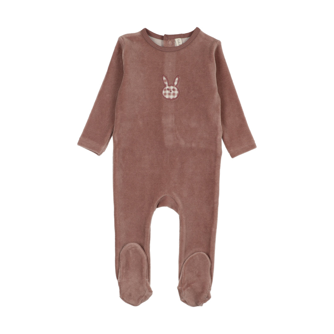 footie velour gingham bunny - mauve