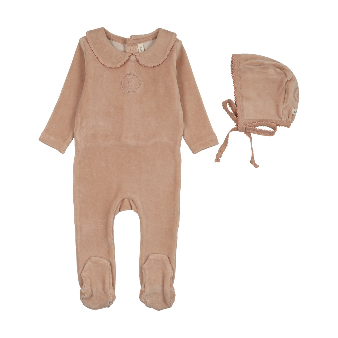 footie velour crest emblem with bonnet - dusty pink