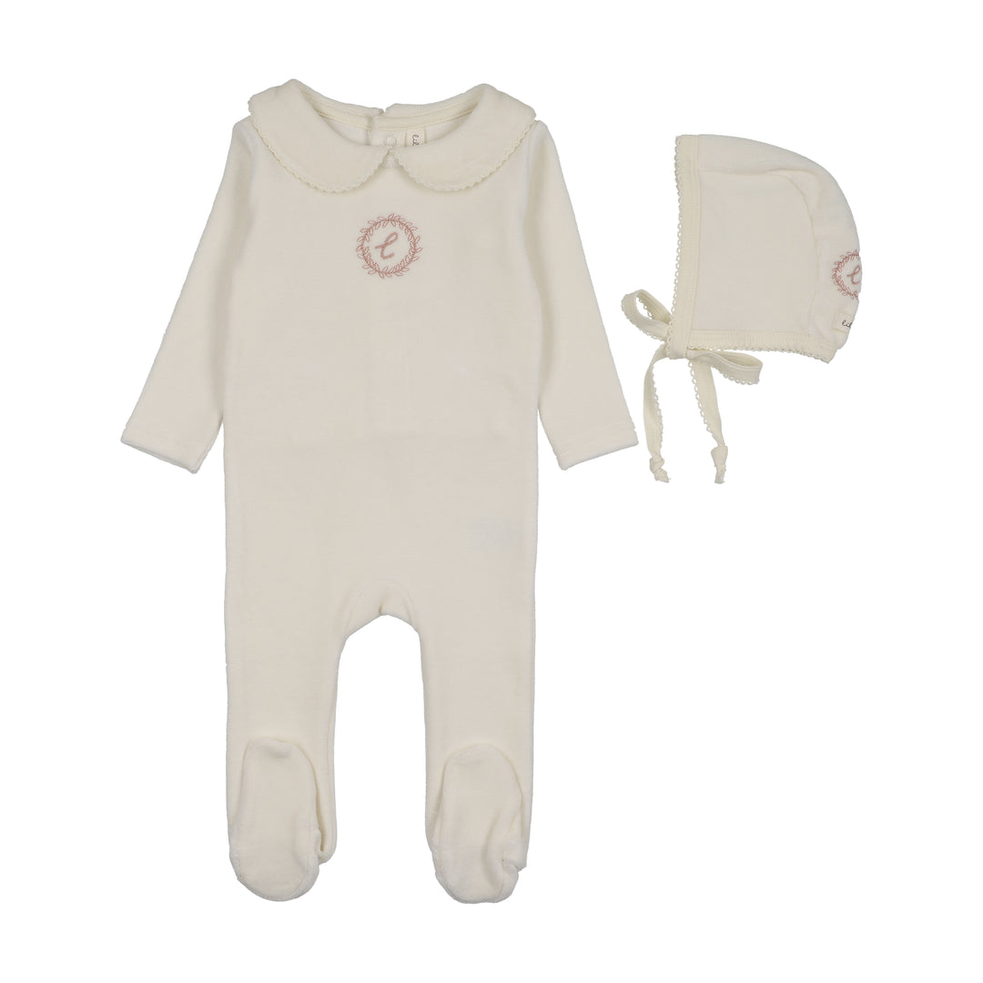 footie velour crest emblem with bonnet - cream/pink