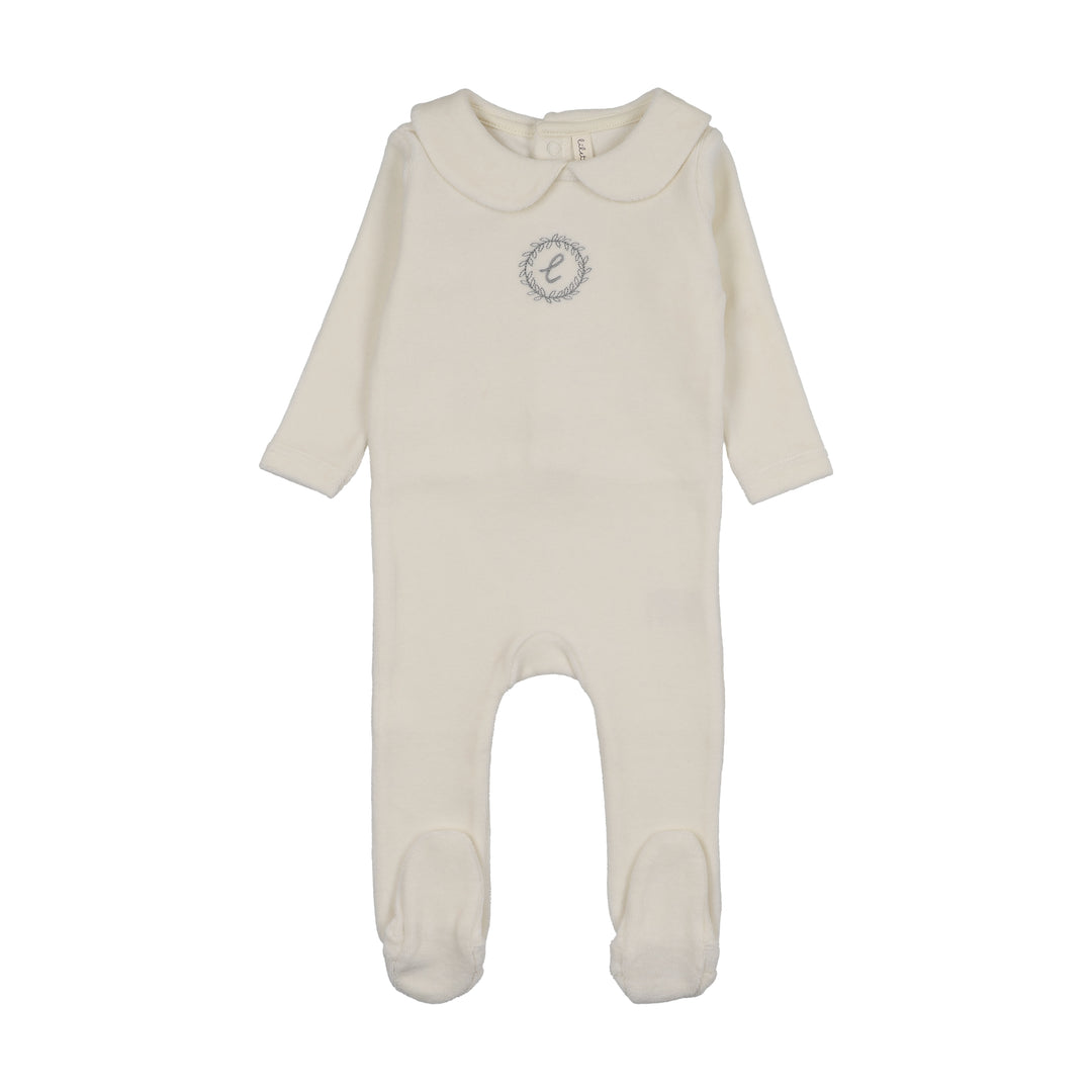 footie velour crest emblem - cream/blue
