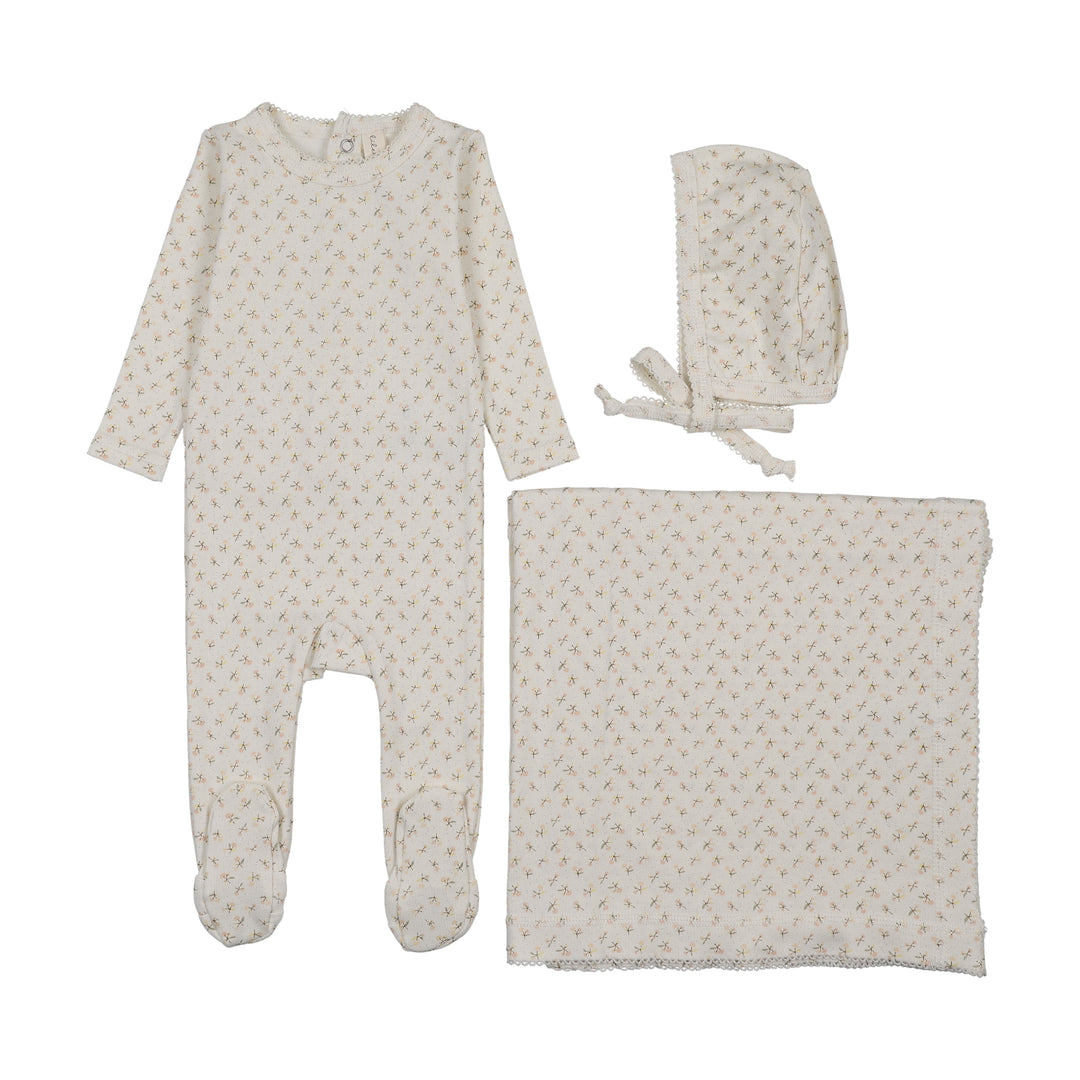 set footie cherry blossom with bonnet and blanket - cream/pink