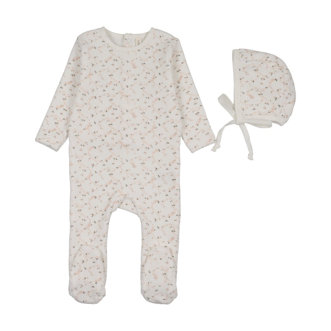 footie velour branch with bonnet - cream/pink