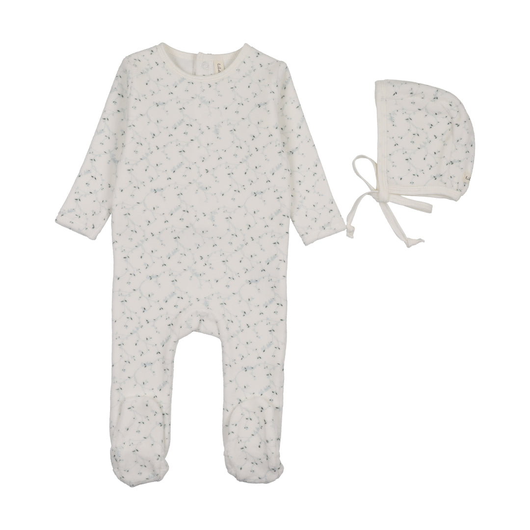 footie velour branch with bonnet - cream/blue