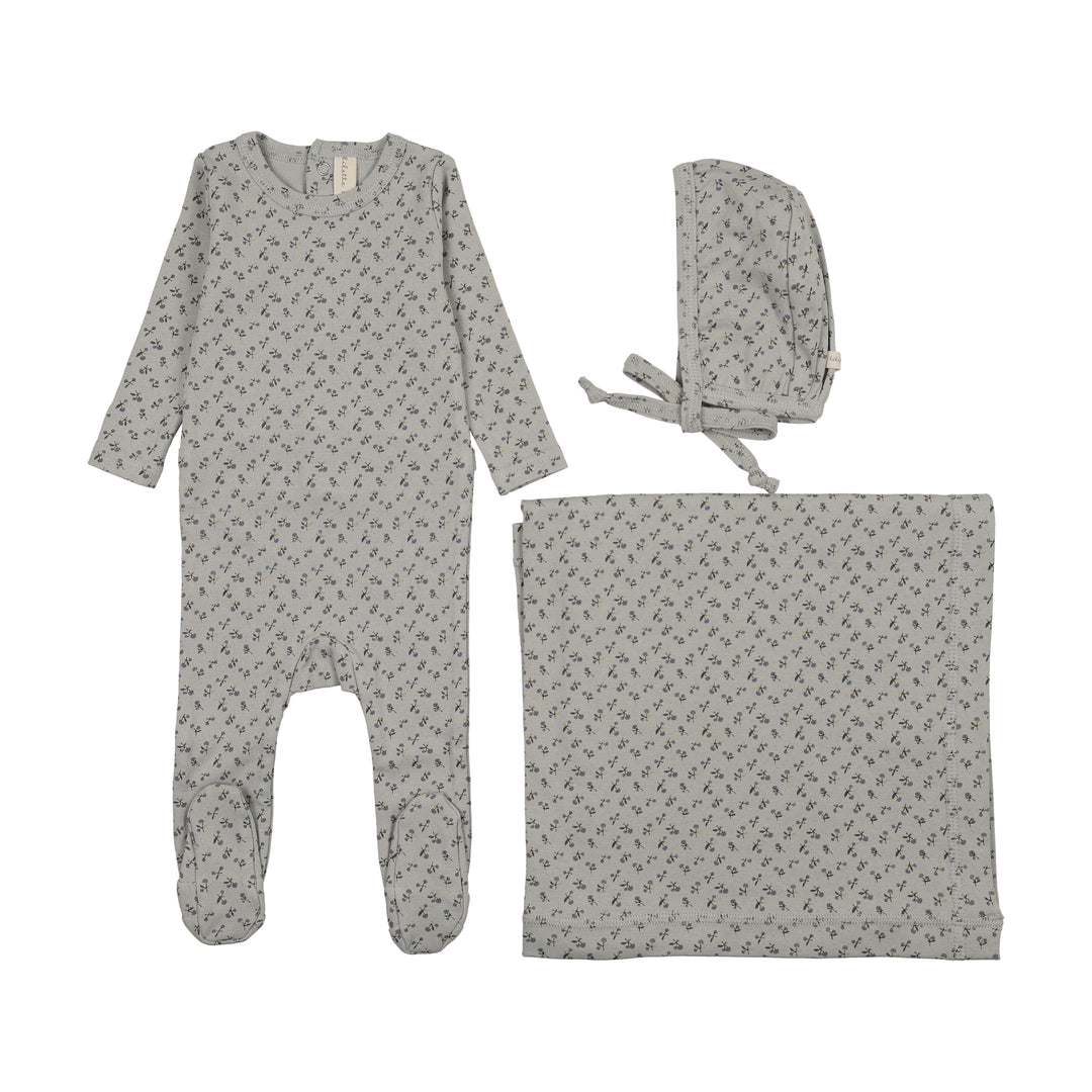 set footie cherry blossom with bonnet and blanket - pale blue