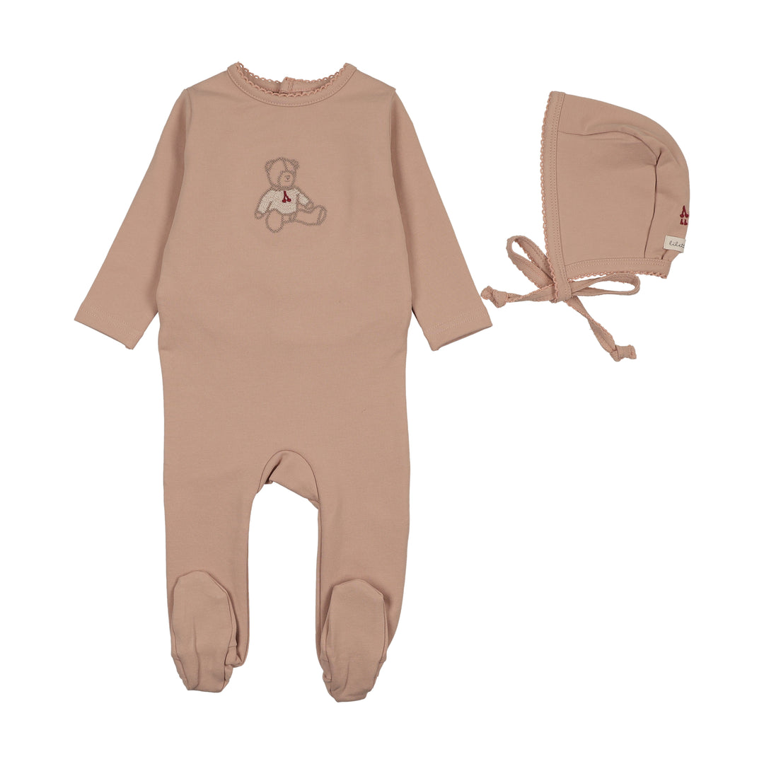 footie sweet bear with bonnet - dusty pink