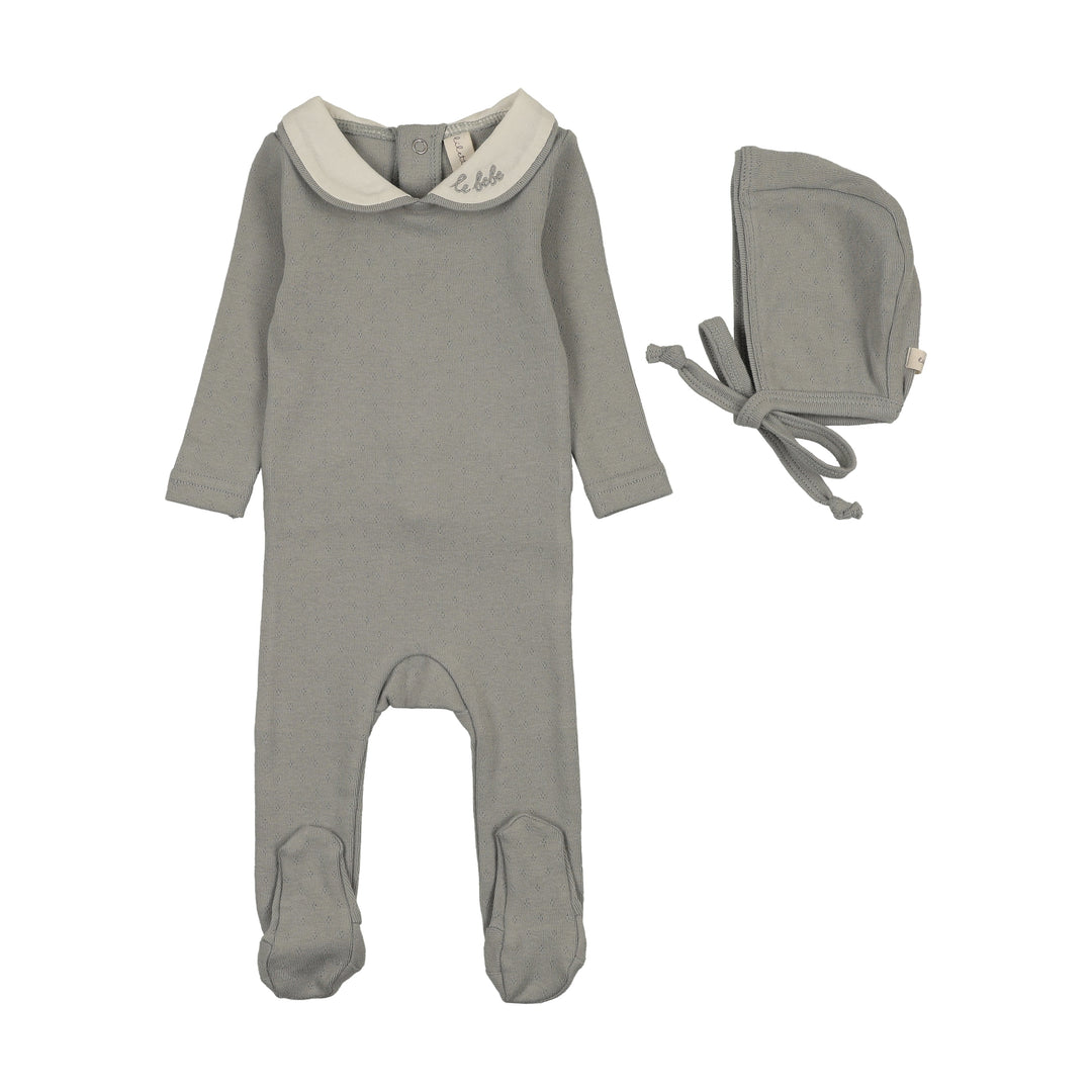 footie le bebe pointelle with bonnet - light blue