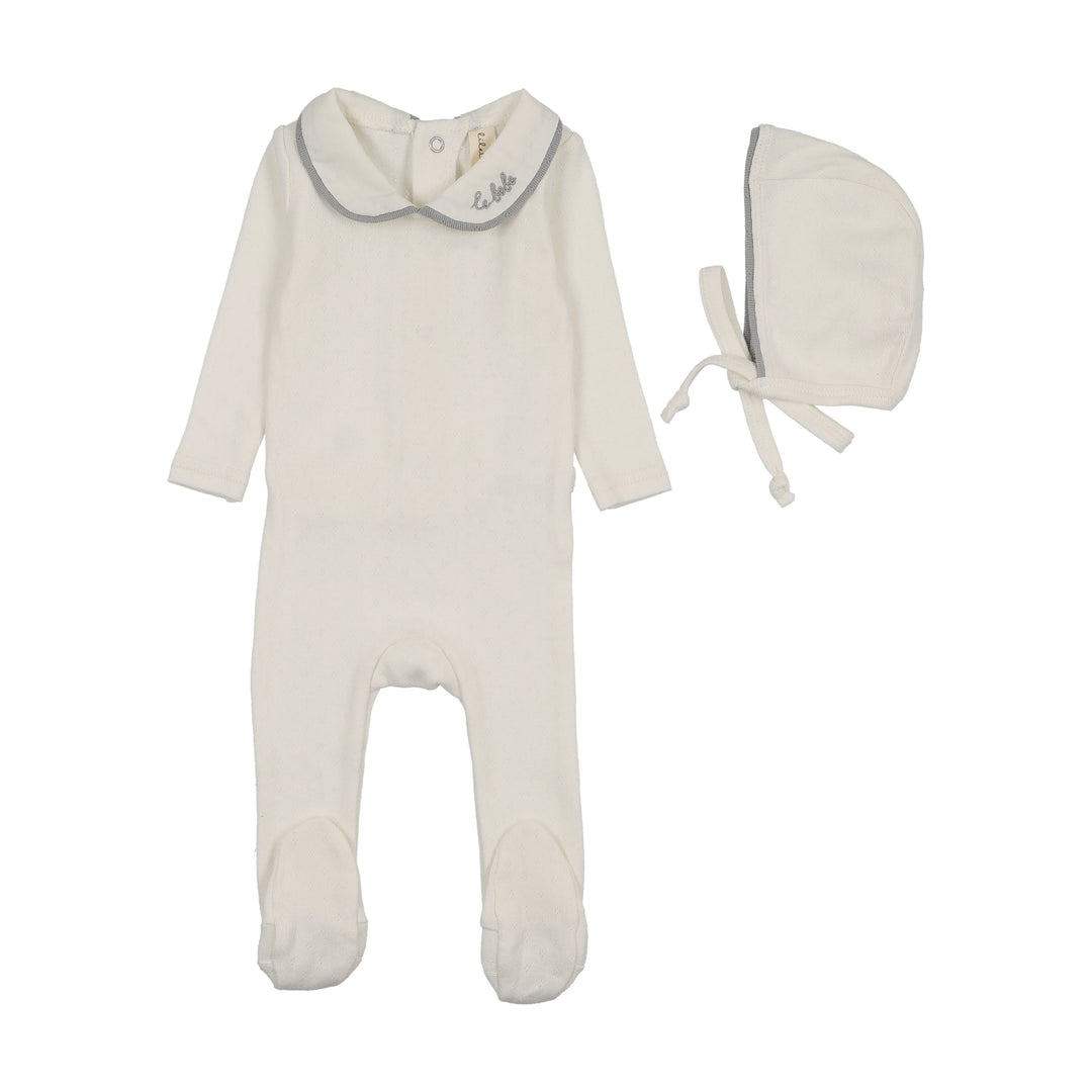 footie le bebe pointelle with bonnet - cream/blue