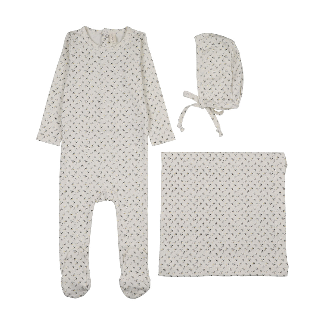 set footie cherry blossom with bonnet and blanket - cream/blue