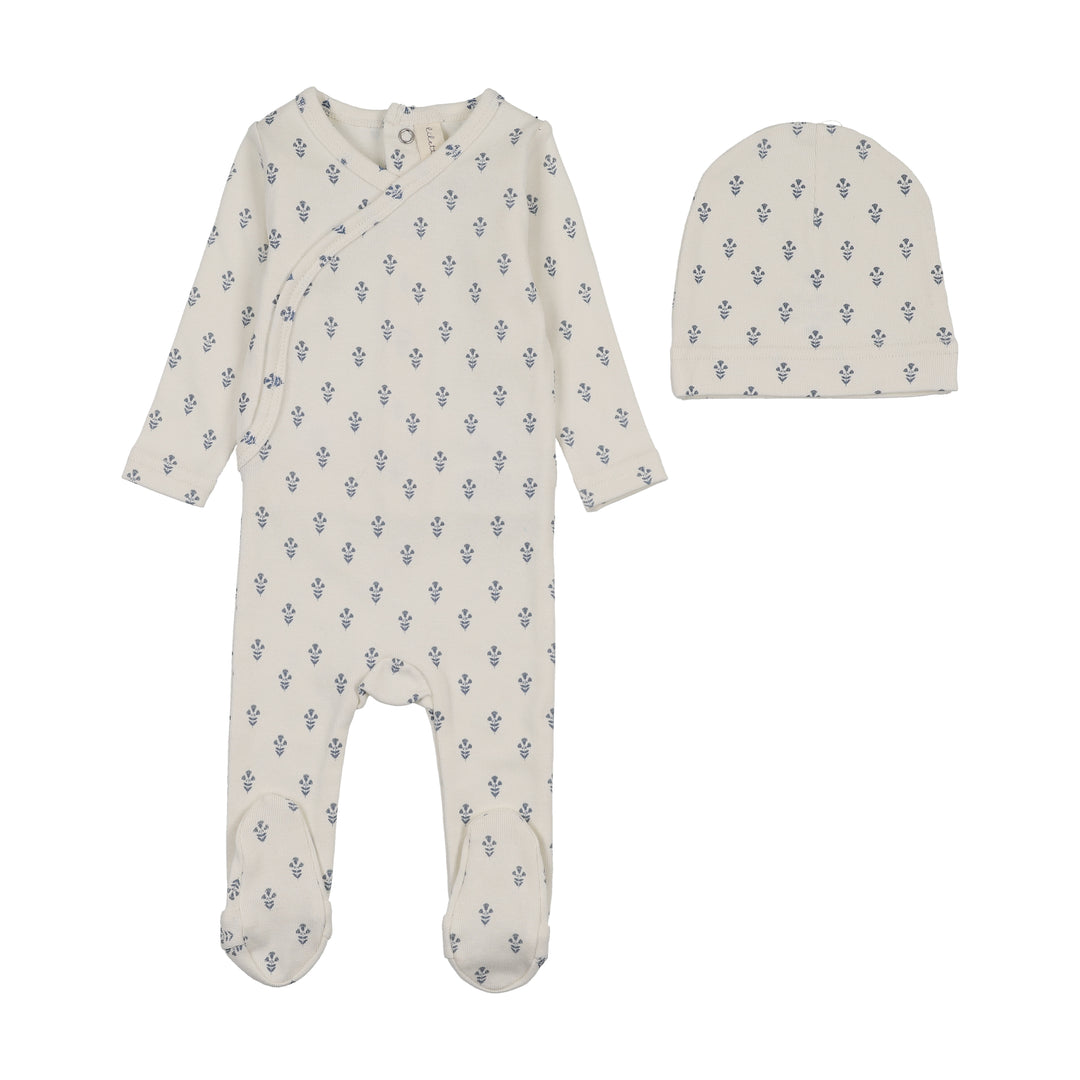 footie marigold print with beanie - cream/blue