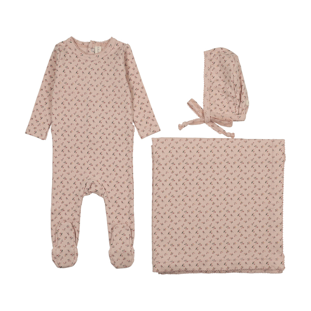 set footie cherry blossom with bonnet and blanket - pale pink