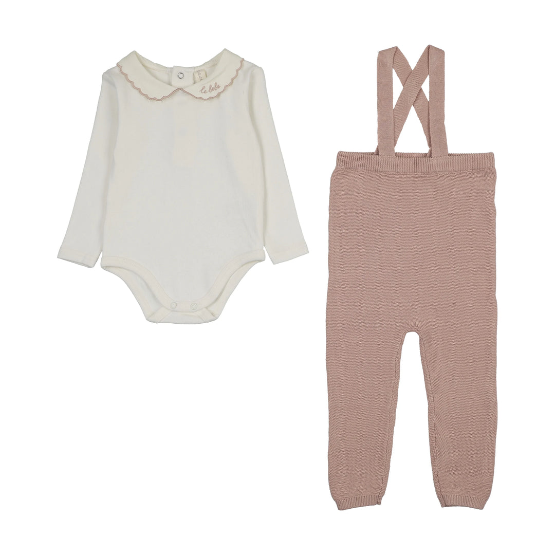 set outfit le bebe collared onesie and knit suspender leggings - cream/pink