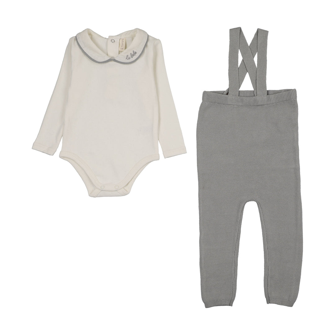 set outfit le bebe collared onesie and knit suspender leggings - cream/blue
