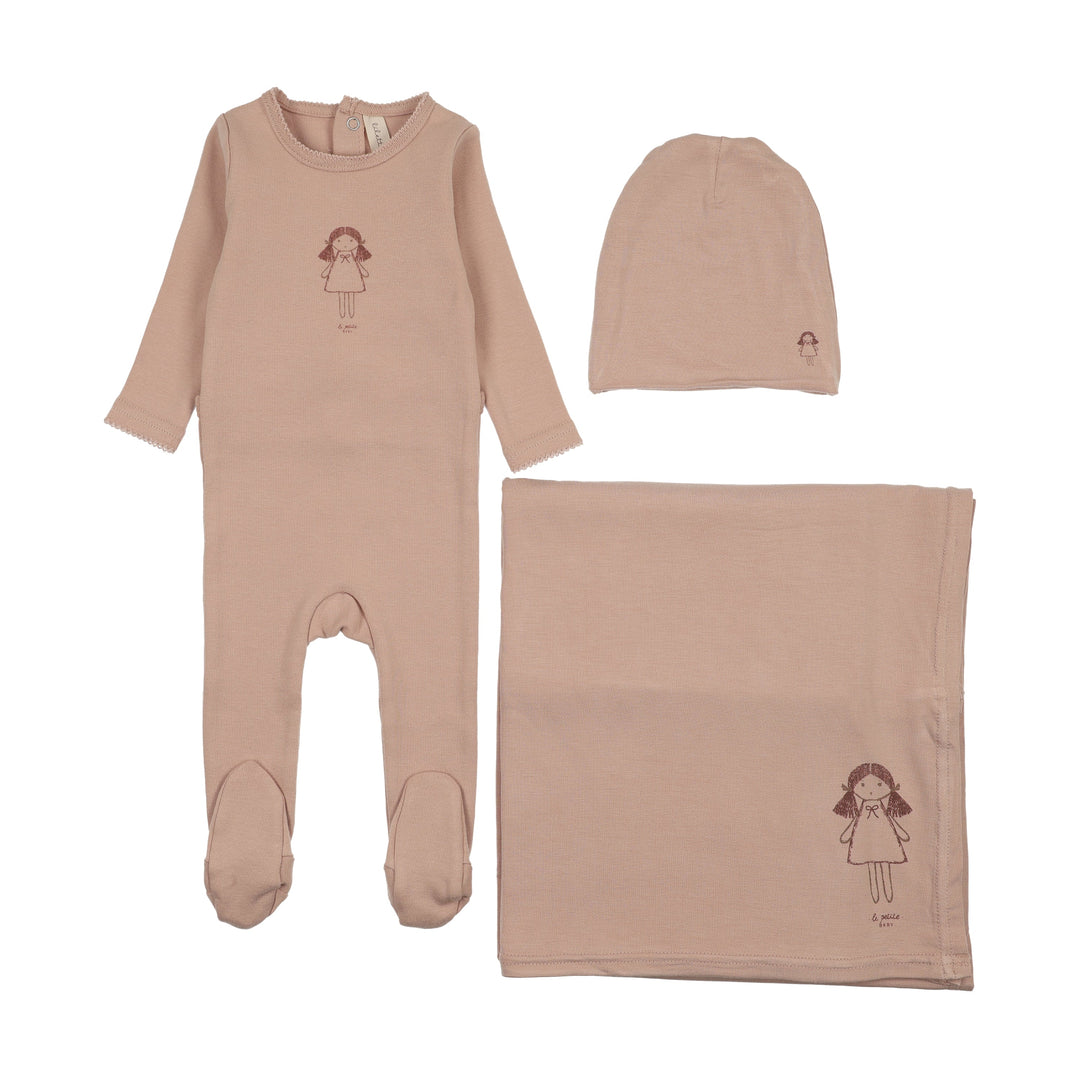 set footie molly dolly with beanie and blanket - dusty pink