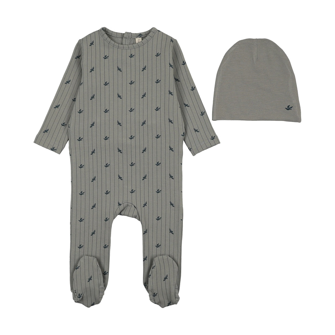 footie stripe print with bonnet - light blue