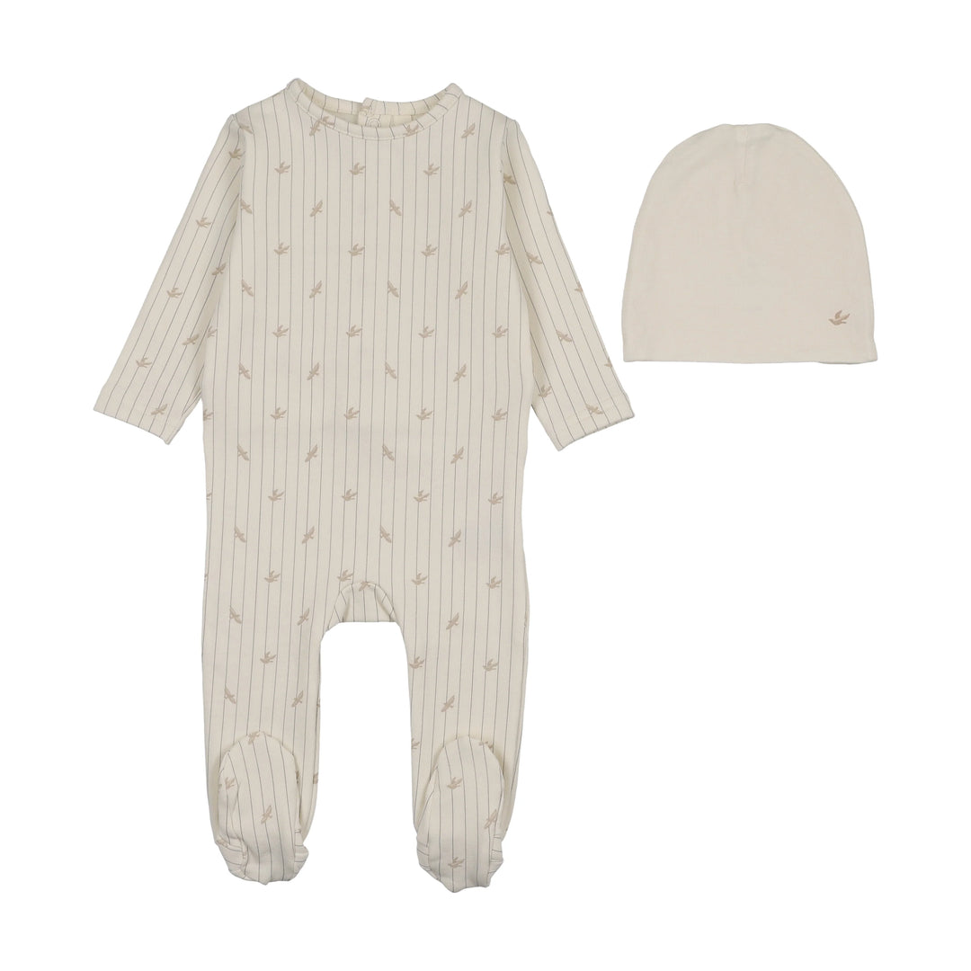 footie stripe print with bonnet - cream/oat