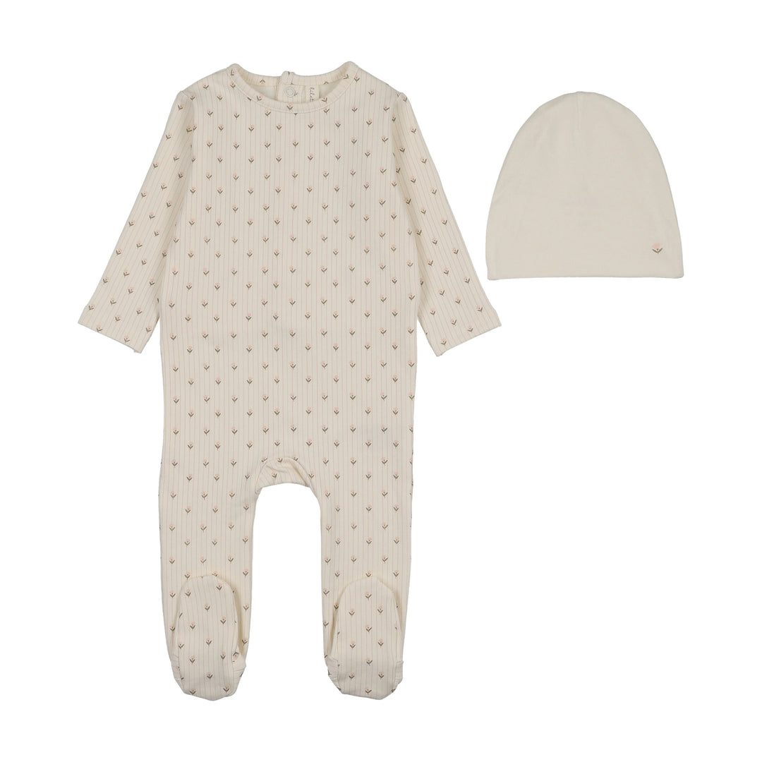 footie stripe print with bonnet - cream/pink